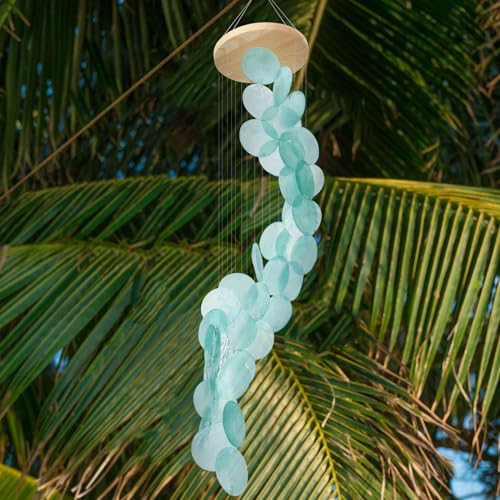 Wenqik Sea Glass Shell Wind Chimes for Outside Seaglass Capiz Windchime Spiral Wind Chimes for Women Christmas Holiday Summer Beach Gift Indoor Outdoor Home Housewarming Garden Decor(Blue) - Image 5