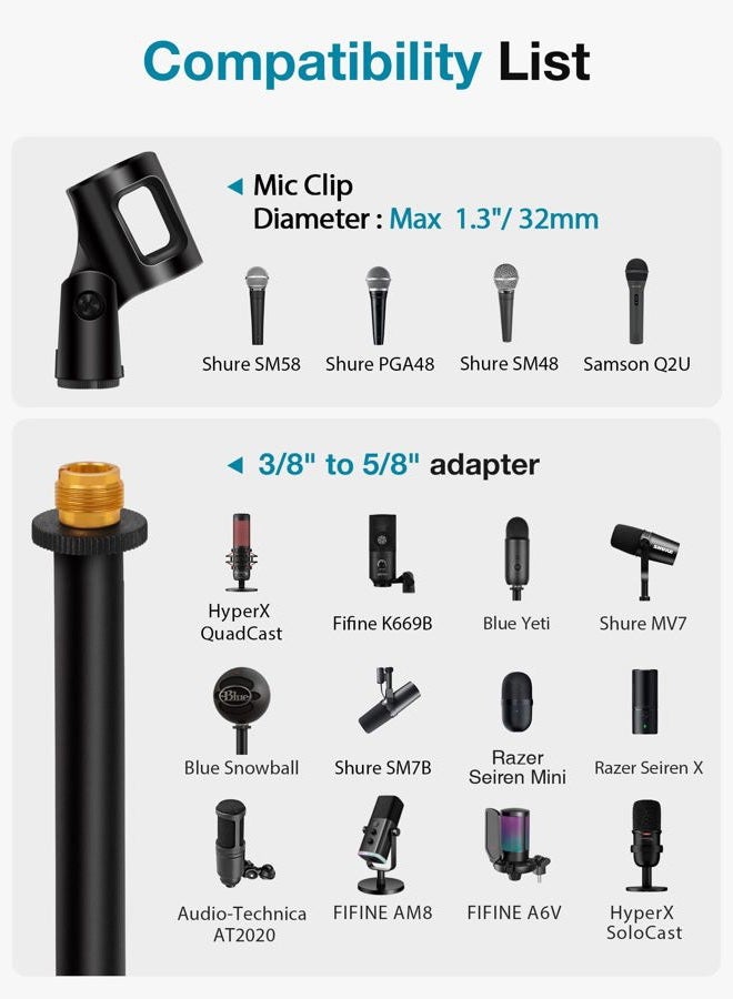 InnoGear Desktop Microphone Stand, Upgraded Adjustable Table Mic Stand with Mic Clip and 5/8" Male to 3/8" Female Screw for Blue Yeti Snowball Spark & Other Microphone, Pack of 2 - Image 5