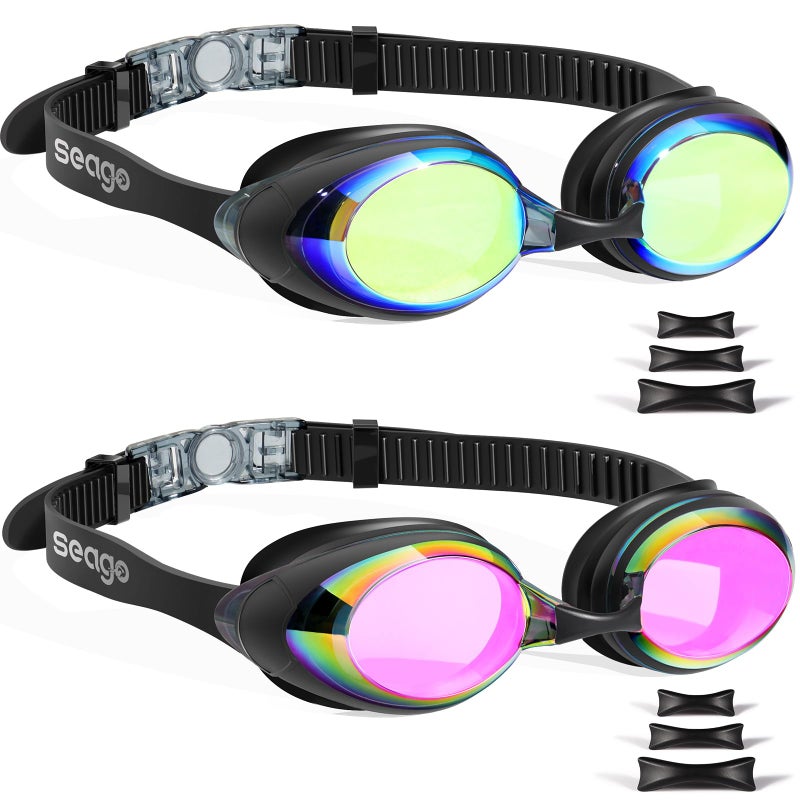 Seago Swimming Goggles 2 Pack Swim Goggles Anti Fog Goggles Adult Swimming UV Protection Fit for Adult Men Women Youth Junior, No Leaking Soft Silicone Seal Mirrored Flat Lens, 3 Sizes of Nose Bridge - Image 1
