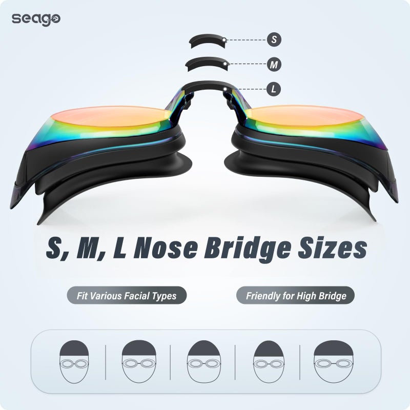 Seago Swimming Goggles 2 Pack Swim Goggles Anti Fog Goggles Adult Swimming UV Protection Fit for Adult Men Women Youth Junior, No Leaking Soft Silicone Seal Mirrored Flat Lens, 3 Sizes of Nose Bridge - Image 4