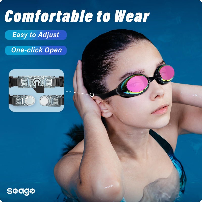 Seago Swimming Goggles 2 Pack Swim Goggles Anti Fog Goggles Adult Swimming UV Protection Fit for Adult Men Women Youth Junior, No Leaking Soft Silicone Seal Mirrored Flat Lens, 3 Sizes of Nose Bridge - Image 2