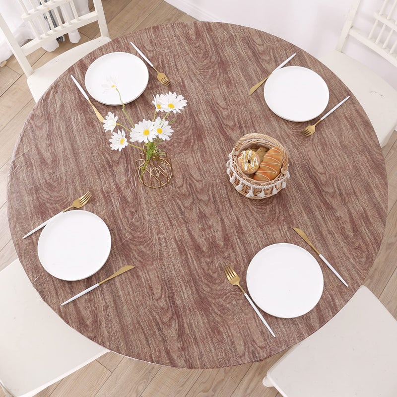 Round Vinyl Fitted Tablecloth with Flannel Backing Elastic Edge Design Table Cover Waterproof OilProof PVC Table Cloth StainResistant Wipeable for Round Table