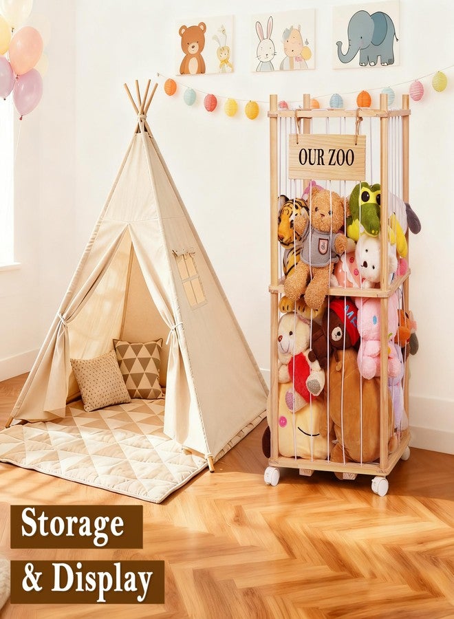 Edudif Stuffed Animal Storage Zoo, Wooden Stuffed Animal Organizer with Removable Wheels & 5-Row Elastic Cords, Space-Saving Plush Toy Storage Holder for Playroom, Bedroom, Nursery (Wood) - Image 2