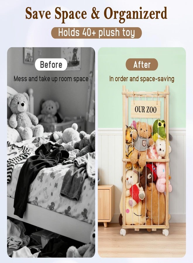 Edudif Stuffed Animal Storage Zoo, Wooden Stuffed Animal Organizer with Removable Wheels & 5-Row Elastic Cords, Space-Saving Plush Toy Storage Holder for Playroom, Bedroom, Nursery (Wood) - Image 5