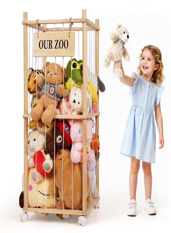Edudif Stuffed Animal Storage Zoo, Wooden Stuffed Animal Organizer with Removable Wheels & 5-Row Elastic Cords, Space-Saving Plush Toy Storage Holder for Playroom, Bedroom, Nursery (Wood) - Image 1