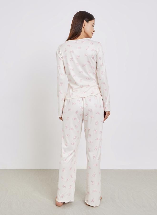 Styli Bow Print T-Shirt and Long Pyjama Set - Image 5