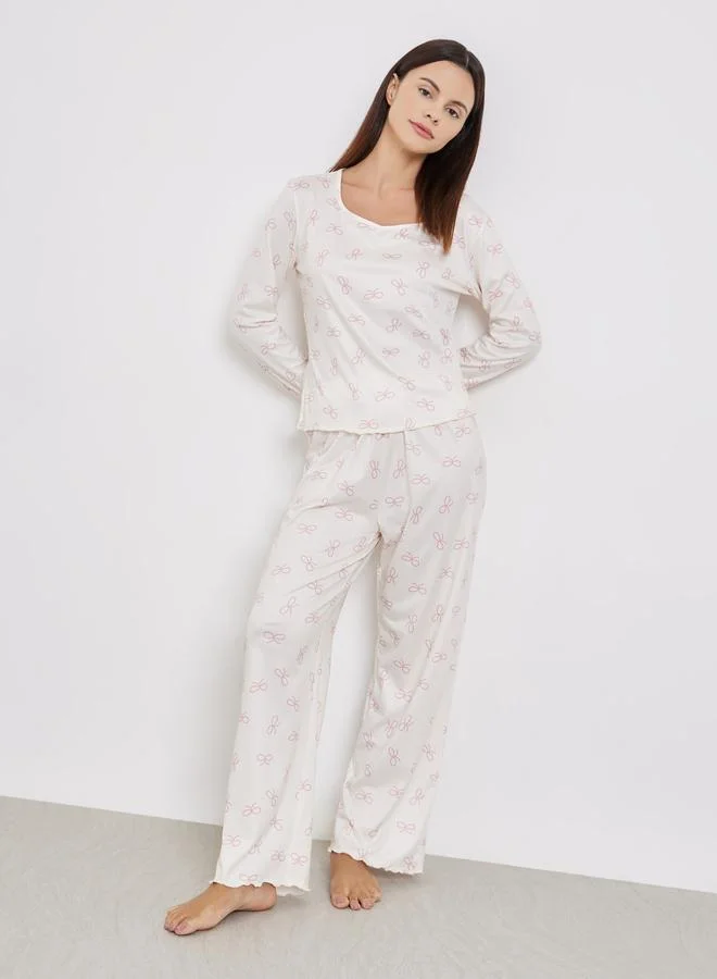 Styli Bow Print T-Shirt and Long Pyjama Set