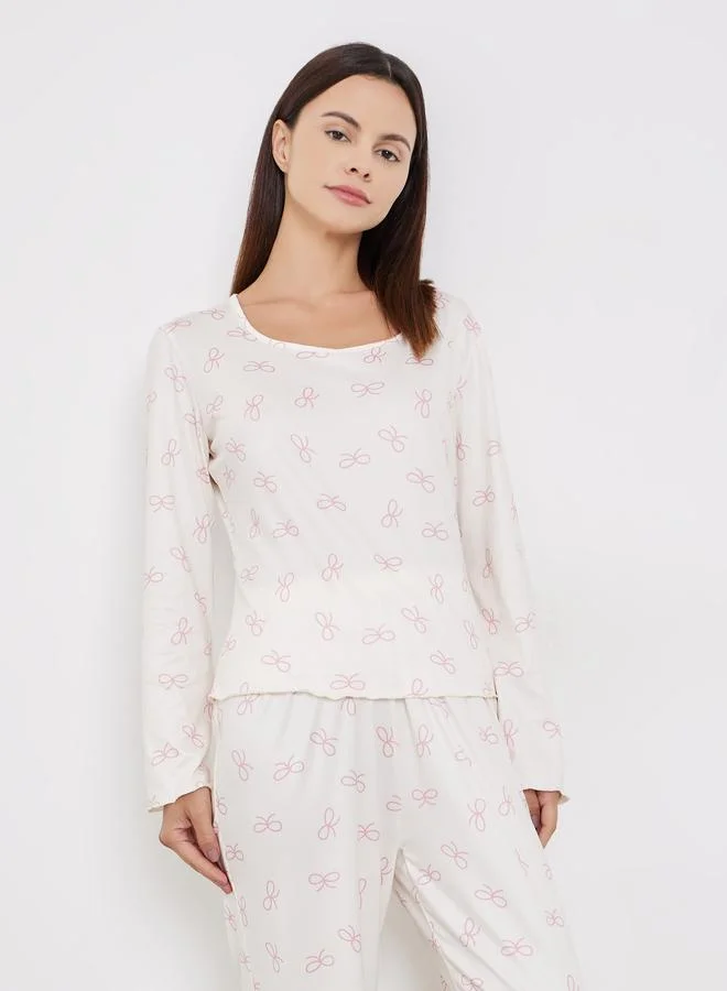 Styli Bow Print T-Shirt and Long Pyjama Set
