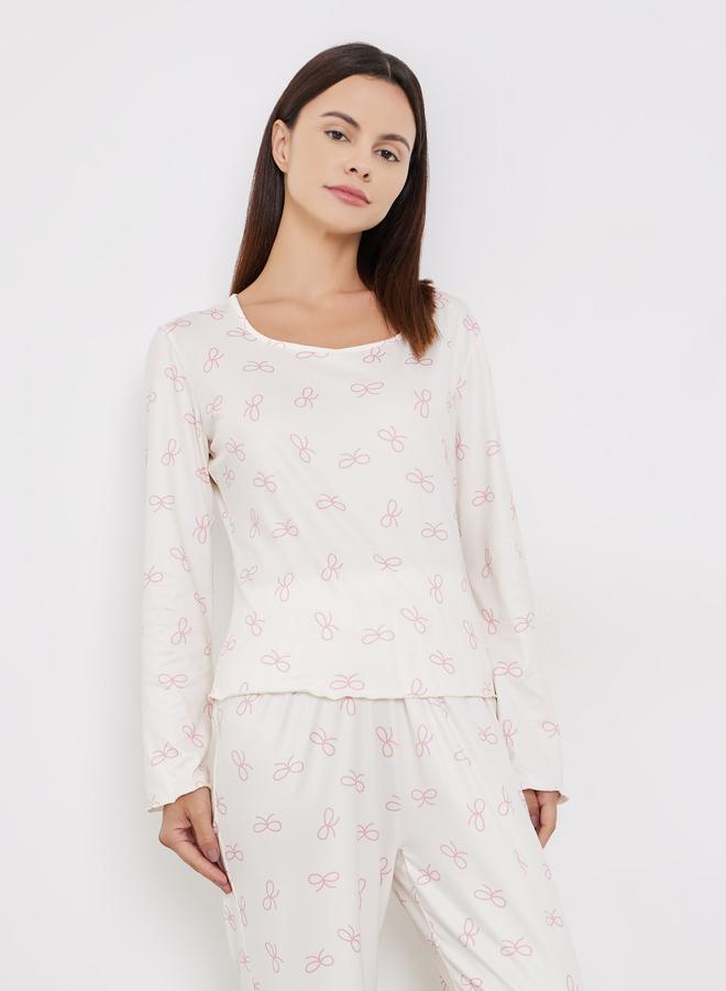 Styli Bow Print T-Shirt and Long Pyjama Set - Image 2