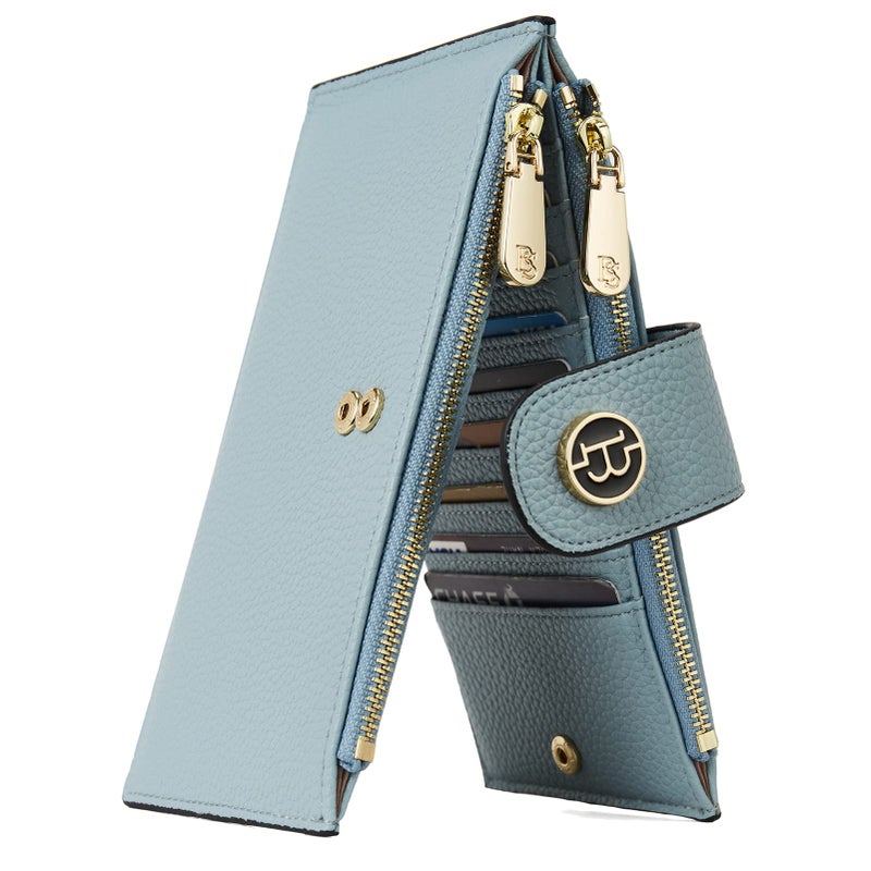 BOSTANTEN Leather Wallets for Women RFID Blocking Slim Bifold Purse Card Holder with Zipper Pocket Blue - Image 1