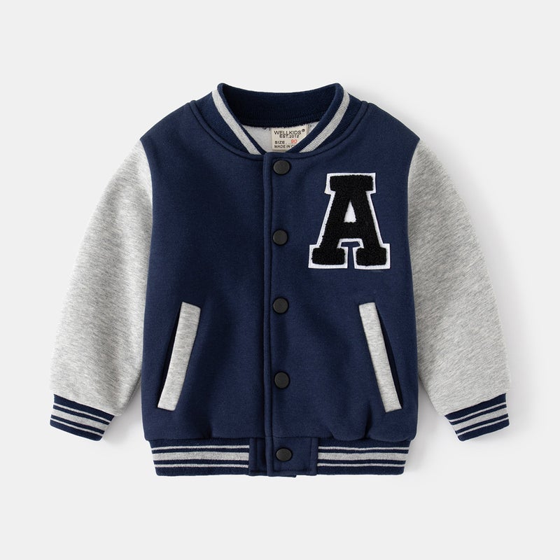2023 Boys Casual Baseball Jacket Autumn Warm Korean Style Navy Blue A- Line Baseball Shirt 