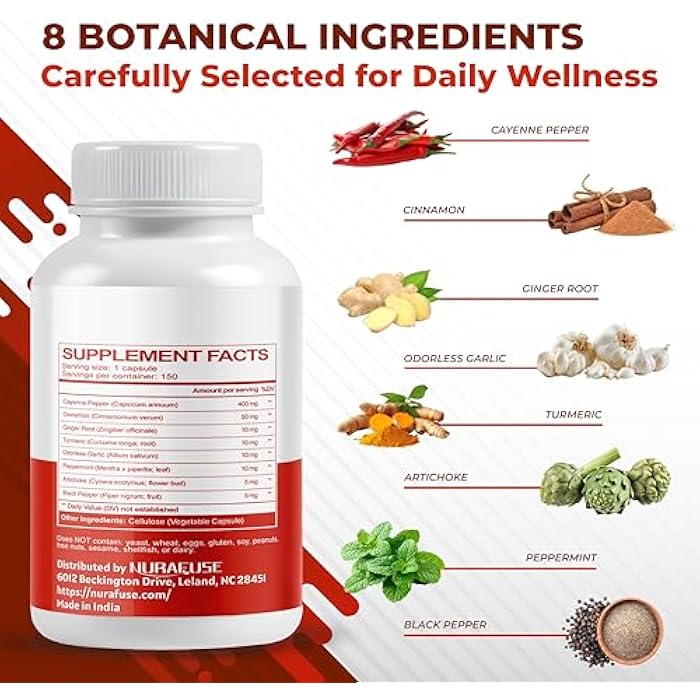 NURAFUSE Cayenne Pepper 8-in-1 Formula - with Cinnamon, Ginger Turmeric, Odorless Garlic, Artichoke Non-GMO, Gluten-Free, Soy-Free - Image 4