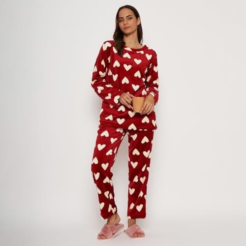CAMEY Fleece Women Winter Full Sleeve Top and Pajama Pants Regular Fit Night Suit Round Neck Top and Pyjama Set Ladies Night Dress (Red, S) - Image 2