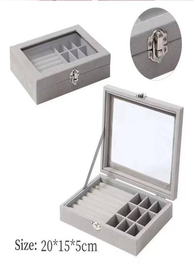 GNEY Luxury Velvet Jewelry Box Organizer with Glass Lid – 20×15×5 cm Ring & Earring Storage Case, 9 Compartments, Lock Buckle, Large Capacity Jewelry Holder for Women, Girls & Gifts - Image 3