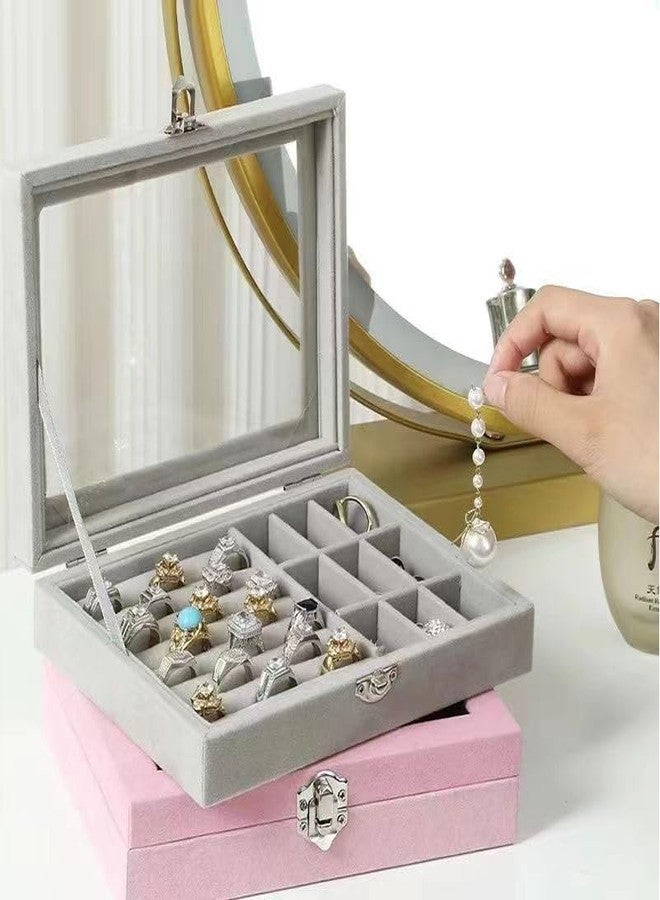GNEY Luxury Velvet Jewelry Box Organizer with Glass Lid – 20×15×5 cm Ring & Earring Storage Case, 9 Compartments, Lock Buckle, Large Capacity Jewelry Holder for Women, Girls & Gifts - Image 2