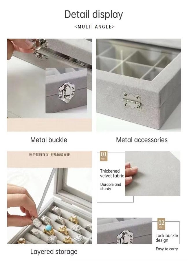 GNEY Luxury Velvet Jewelry Box Organizer with Glass Lid – 20×15×5 cm Ring & Earring Storage Case, 9 Compartments, Lock Buckle, Large Capacity Jewelry Holder for Women, Girls & Gifts - Image 4