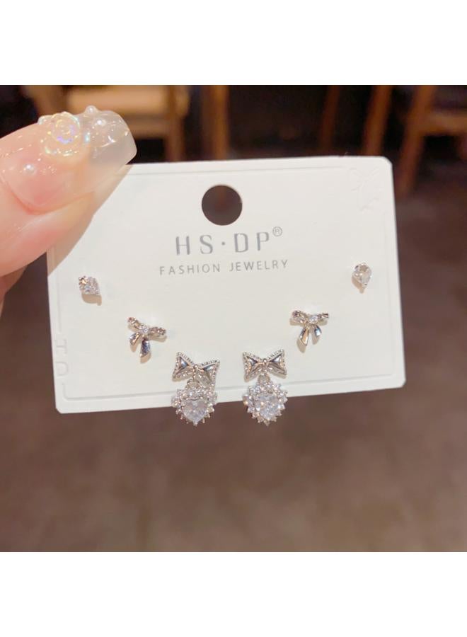 S925 Silver Needle Micro Inlaid Zircon Short Earrings Short Hair Earrings And Korean Elegant All-match Simple Three-piece Set Earrings For Women 