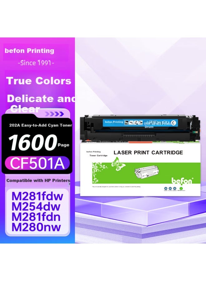 Befon Cf500a Cyan Toner Cartridge With Easy Powder Addition 202a Compatible With Hp M281fdw M254dw M254dn M254nw M280nw M281fdn Color Ink Cartridge Powder Cartridge With Chip - Image 1