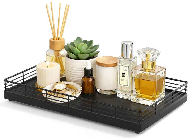 Focusonit Large Bathroom Vanity Tray – 13" x 8" Oak Decorative Wooden Tray for Bathroom Countertop & Vanity Organizer, Rectangular Wood Tray for Perfume, Skincare, Storage, Vanity Dresser Counter Decor, Black - Image 1