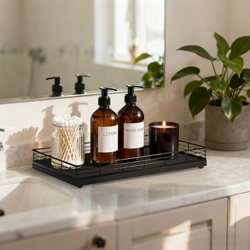 Focusonit Large Bathroom Vanity Tray – 13" x 8" Oak Decorative Wooden Tray for Bathroom Countertop & Vanity Organizer, Rectangular Wood Tray for Perfume, Skincare, Storage, Vanity Dresser Counter Decor, Black - Image 2