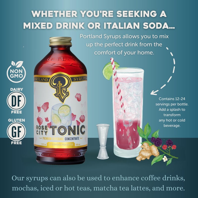 Portland Syrups Rose City Tonic Concentrate - Craft Delicious Cocktails, Mocktails, Sodas, and More - 12 oz with 24 Servings (Pack of 1) - Image 2