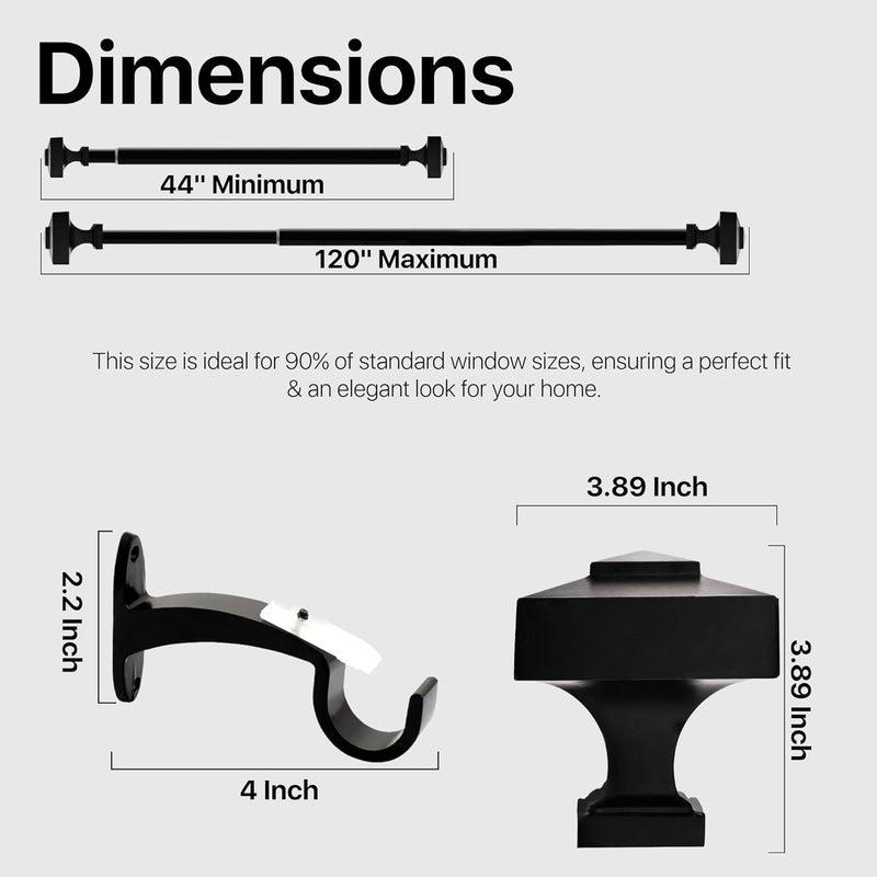 Deco Window Adjustable Curtain Rod for Windows 44 to 120 Inch Pack of 1 Extendable Heavy Duty 1 Inch Iron Drapery Pole with Finials Wall Mounted French Door Curtain Rods Black - Image 4