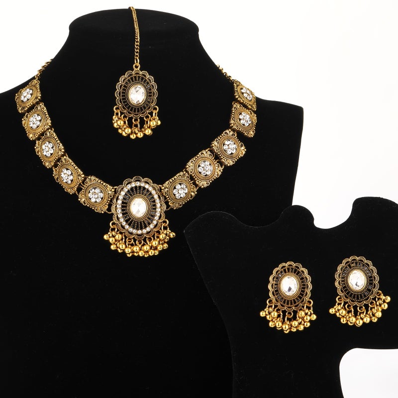 Quelay 3 Pcs Indian Jewelry Set for Women Navratri Maang Tikka Headpiece Traditional Indian Head Jewelry Rhinestone Forehead Chain Necklace Earrings for Wedding Garba Party Gifts(Classic,Gloden) - Image 3