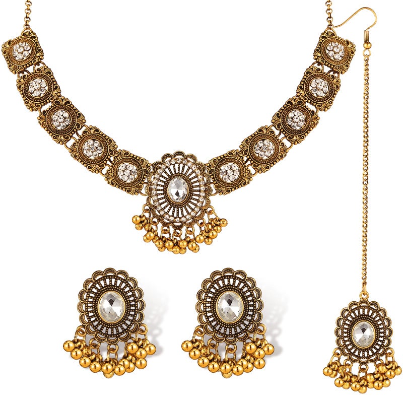 Quelay 3 Pcs Indian Jewelry Set for Women Navratri Maang Tikka Headpiece Traditional Indian Head Jewelry Rhinestone Forehead Chain Necklace Earrings for Wedding Garba Party Gifts(Classic,Gloden) - Image 1