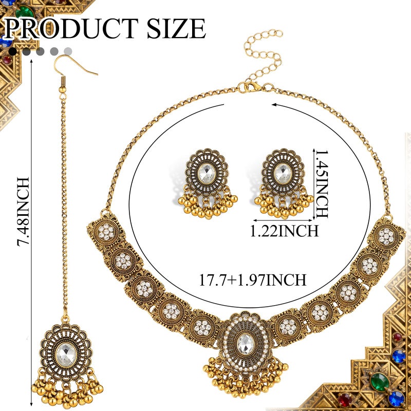 Quelay 3 Pcs Indian Jewelry Set for Women Navratri Maang Tikka Headpiece Traditional Indian Head Jewelry Rhinestone Forehead Chain Necklace Earrings for Wedding Garba Party Gifts(Classic,Gloden) - Image 2