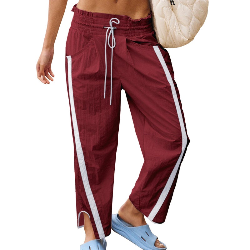 SeeLuNa Casual Wide Leg Pants Woman Drawstring Elastic Waist High Rise Strip Flowy Long Lounge Trousers with Pockets(Dark-Red,XS) - Image 1