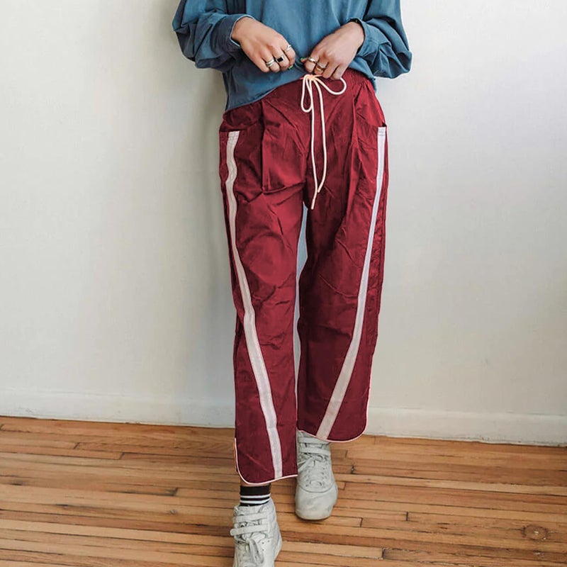 SeeLuNa Casual Wide Leg Pants Woman Drawstring Elastic Waist High Rise Strip Flowy Long Lounge Trousers with Pockets(Dark-Red,XS) - Image 4