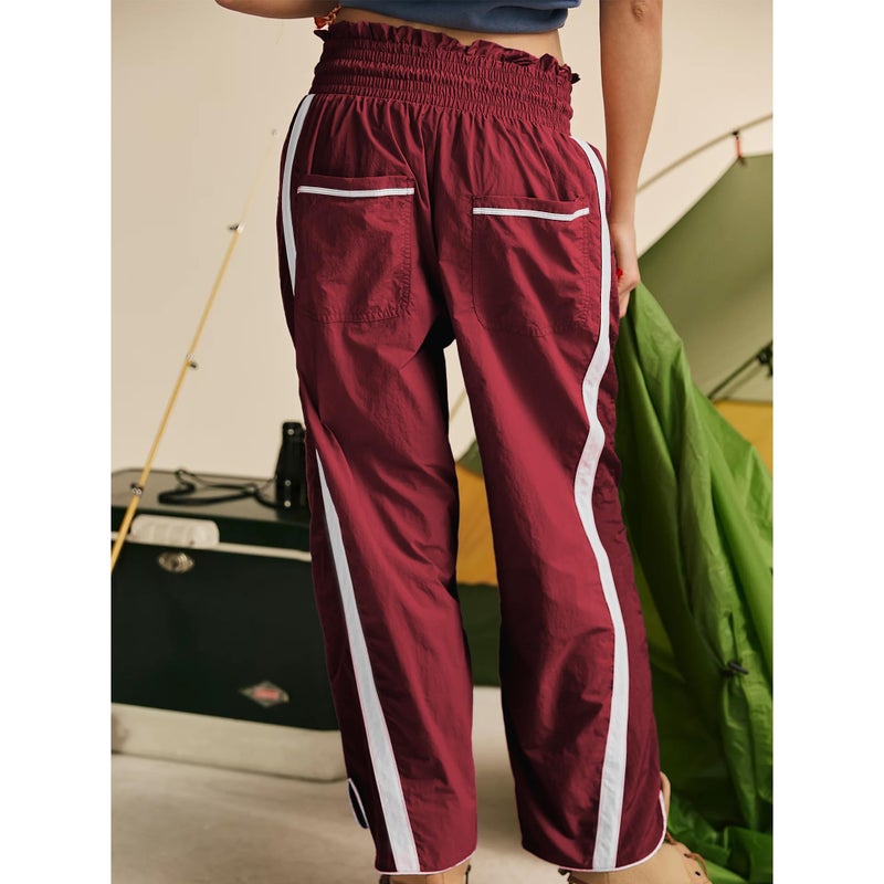 SeeLuNa Casual Wide Leg Pants Woman Drawstring Elastic Waist High Rise Strip Flowy Long Lounge Trousers with Pockets(Dark-Red,XS) - Image 2