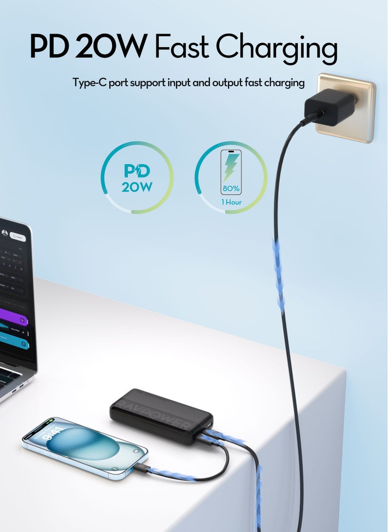 راف باور شاحن متنقل  20000 مللي أمبير شحن سريع 20 واط PD مع 3 منافذ USB-C وUSB-A يدعم شحن 3 أجهزة في وقت واحد سعة كبيرة للايفون وسامسونج وآيباد RP-PB1229 20000 mAh أسود - Image 5
