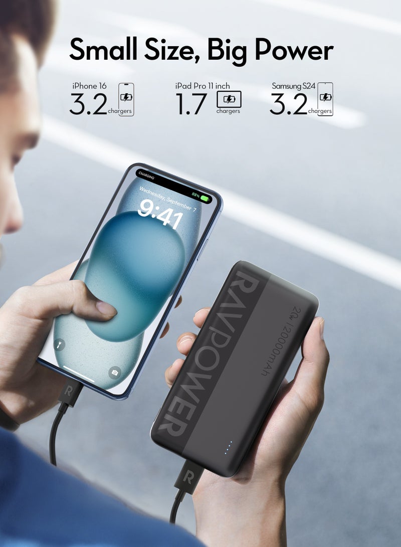 راف باور شاحن متنقل  20000 مللي أمبير شحن سريع 20 واط PD مع 3 منافذ USB-C وUSB-A يدعم شحن 3 أجهزة في وقت واحد سعة كبيرة للايفون وسامسونج وآيباد RP-PB1229 20000 mAh أسود - Image 3