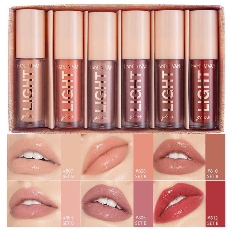 6PCS Lip Oil Light Lipgloss Set Moisturizing Hydrating Lip Glow Oil Lip Gloss Kit High Shine Lip Plumping Glass Finish Lip Gloss Liquid Lipstick for Women Set B