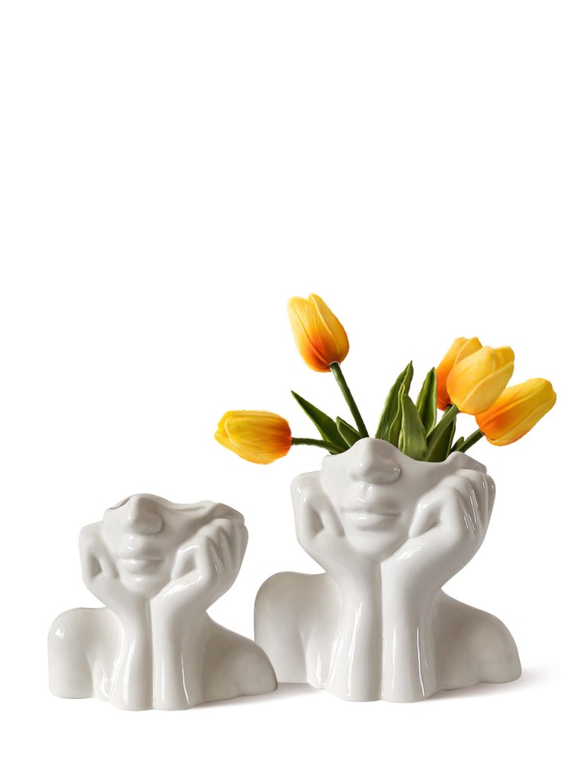 Y&D Ceramic Face Vase Flower for Decor Female Form Unique Bust Body Modern Cool Vases Table Shelf Living Room Office Bedroom(2Pcs White） - Image 1
