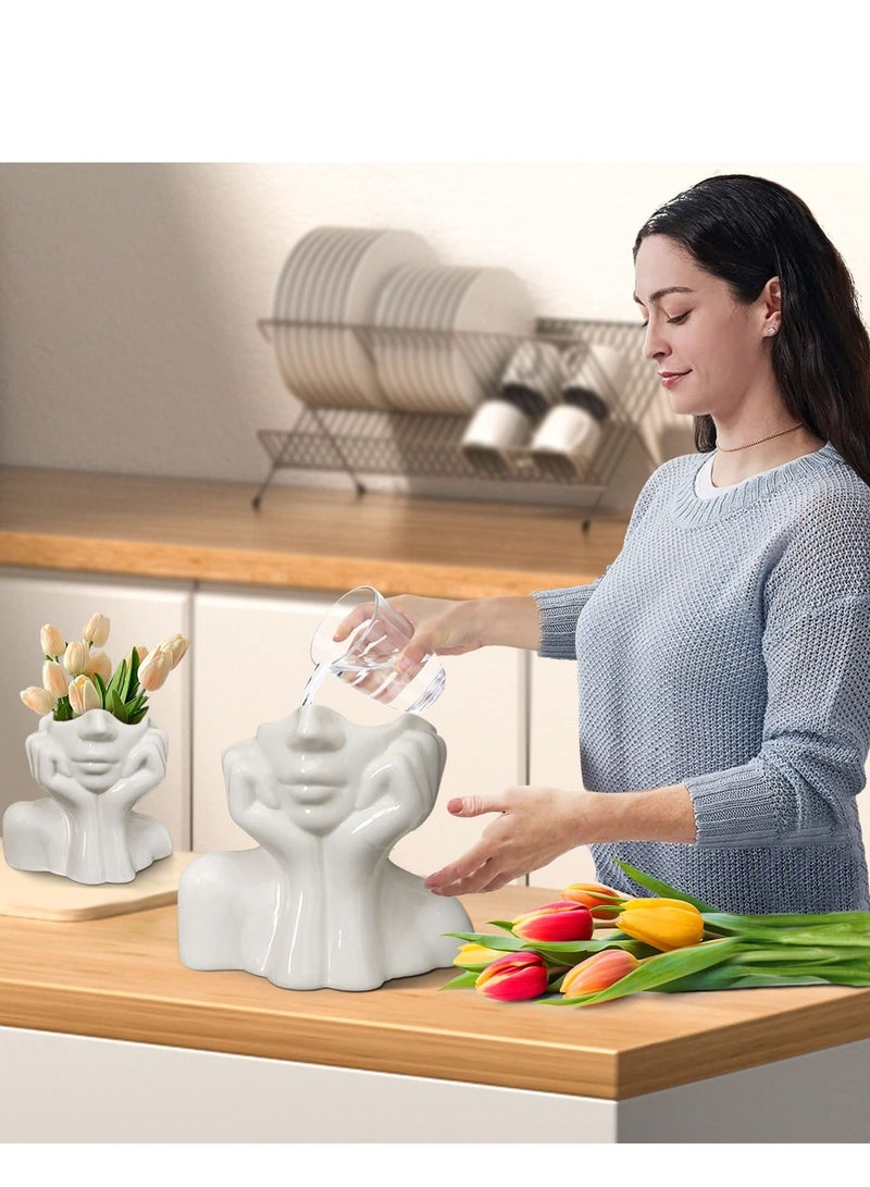Y&D Ceramic Face Vase Flower for Decor Female Form Unique Bust Body Modern Cool Vases Table Shelf Living Room Office Bedroom(2Pcs White） - Image 3