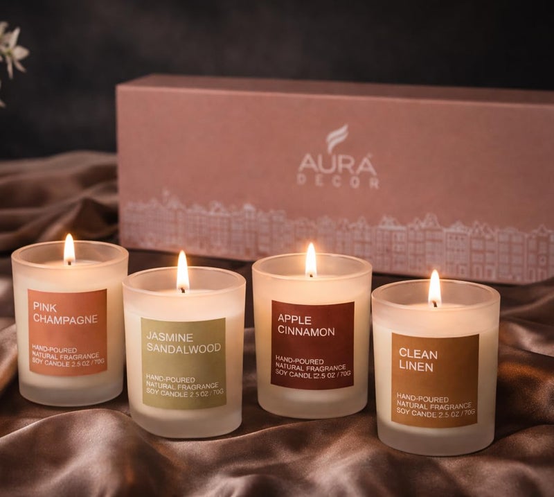 AURA DECOR AuraDecor Fragrance Votive Glass Candles Gift Set of 4 | Aromatheraphy | Frosted Glass | Corporate Gifting | Soy Wax | Candle Gift Set | Hand Poured Candle - Image 1