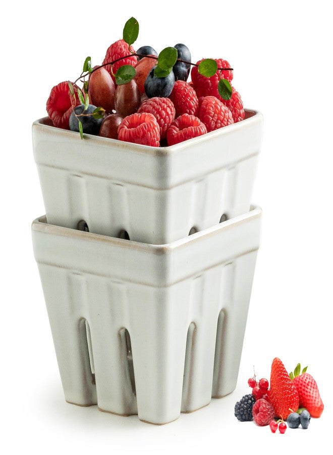 Gomakren Ceramic Berry Basket Set of 2, Square Fruit Bowl with Holes, Small Fruit Basket Containers for Kitchen Counter, Berries, Strawberry, Grape, Cherry, White - Image 1