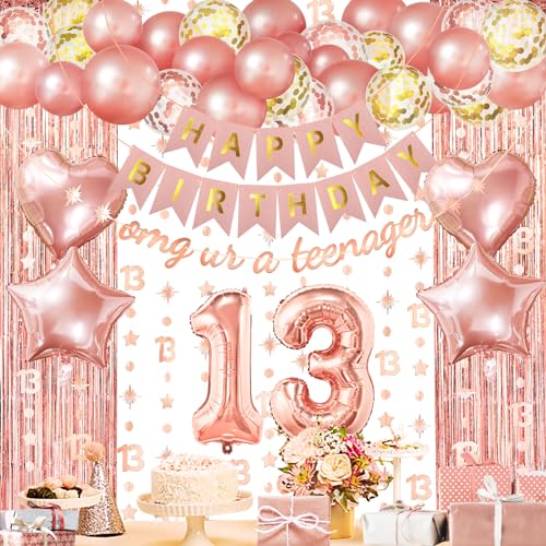 ZERODECO Rose Gold Birthday Party Decorations 13th Happy Birthday Banner Fringe Curtain 13 Garland Heart Star Foil Confetti Balloons for Women Girls Queen Princess Party - Image 1