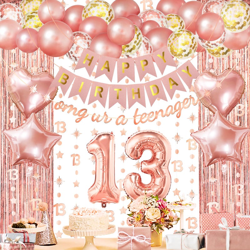 ZERODECO Rose Gold Birthday Party Decorations 13th Happy Birthday Banner Fringe Curtain 13 Garland Heart Star Foil Confetti Balloons for Women Girls Queen Princess Party - Image 2