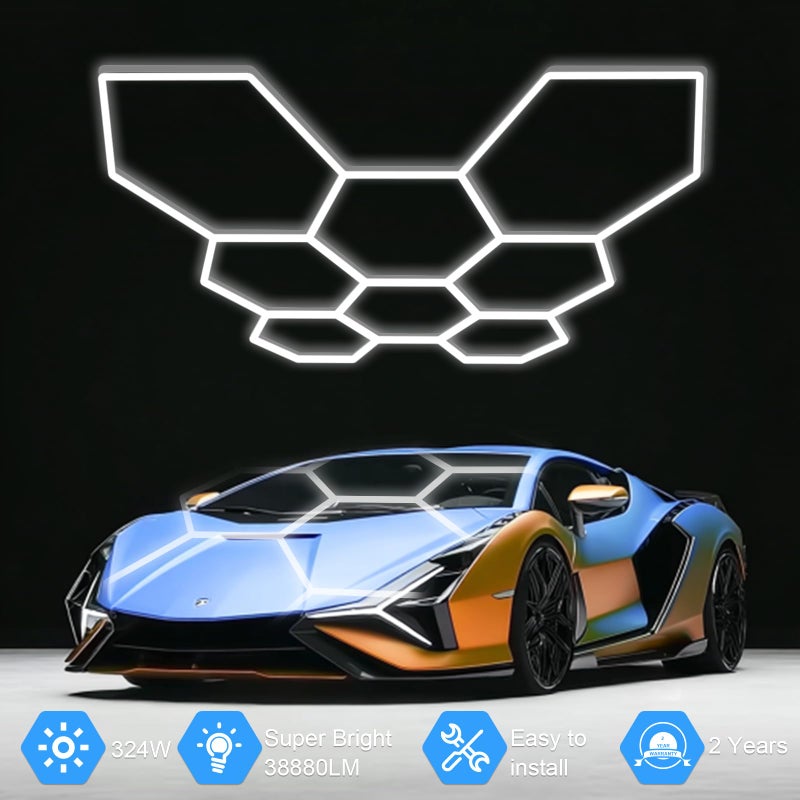 MODERN Hexagon Garage Light: Higher Brightness 38880 Lumens Honeycomb Garage Light, 8 Grid Systems 6500K, Hexagon Garage Grid Lighting for Garage, Gym, Car Detailing Shop etc. - Image 3