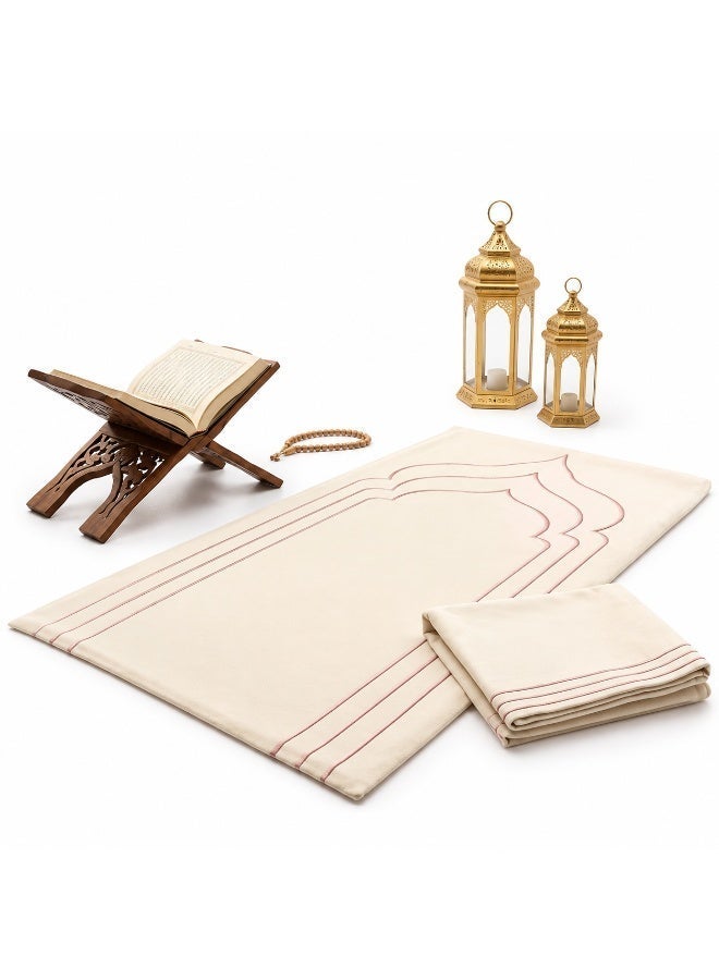 Dakakeen Concept Pink & Off-White Memory Foam Prayer Mat – Dakakeen Soft Pink / Off-White Memorial Two-Tone, Thick Padded Prayer Rug & Set for Home, Mosque & Travel - Image 1