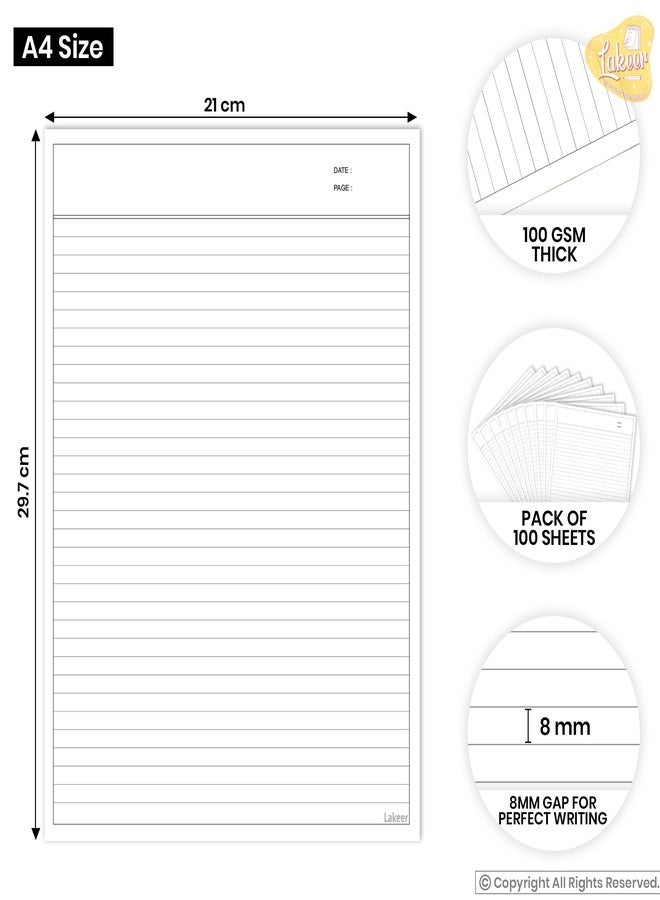Lakeer A4 Ruled Paper White Color -100 GSM, Pack of 100 | for Project, Assignment, Practical, Homework and Etc. - Image 2