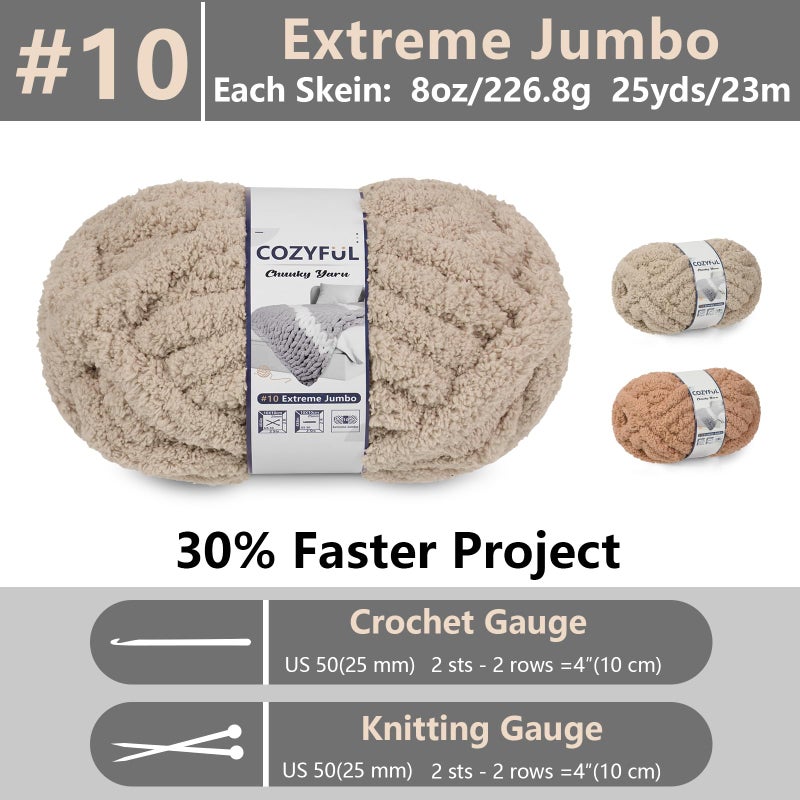 Cozyful Chunky Yarn for Hand Knitting - #10 Chunky Chenille Yarn, Jumbo Big Thick Chunky Yarns for Crocheting, Super Bulky Chunky Knit Blanket Yarns, 8 Skein (25yd, 8oz/Skein), Khaki & Coffee - Image 2