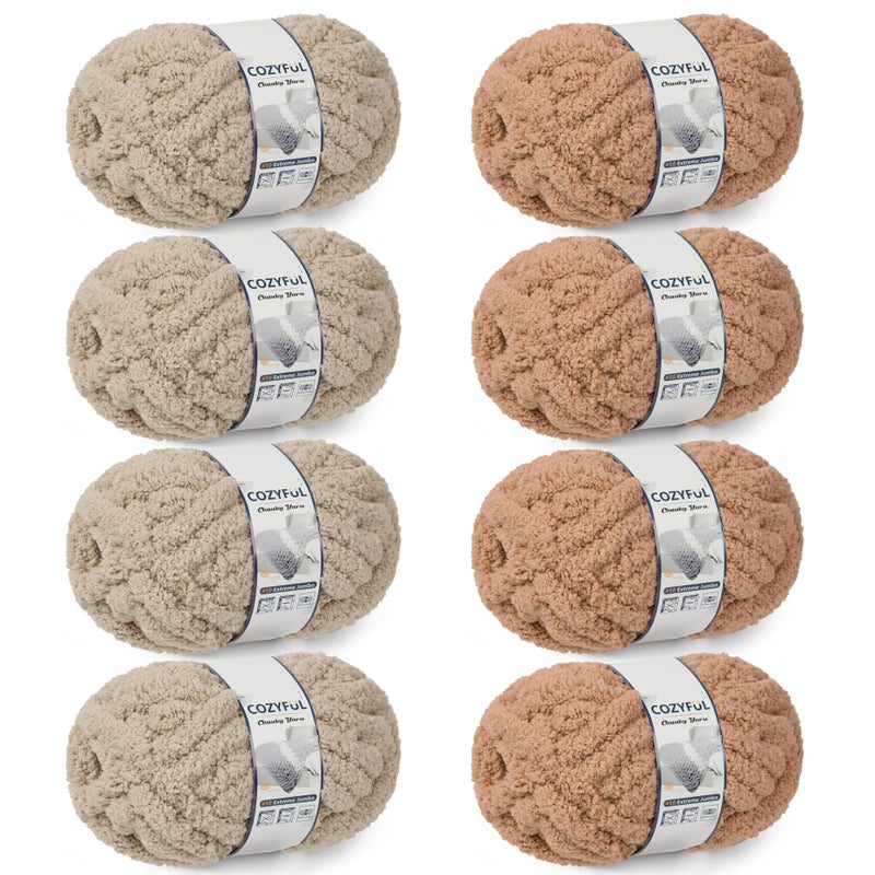 Cozyful Chunky Yarn for Hand Knitting - #10 Chunky Chenille Yarn, Jumbo Big Thick Chunky Yarns for Crocheting, Super Bulky Chunky Knit Blanket Yarns, 8 Skein (25yd, 8oz/Skein), Khaki & Coffee - Image 1