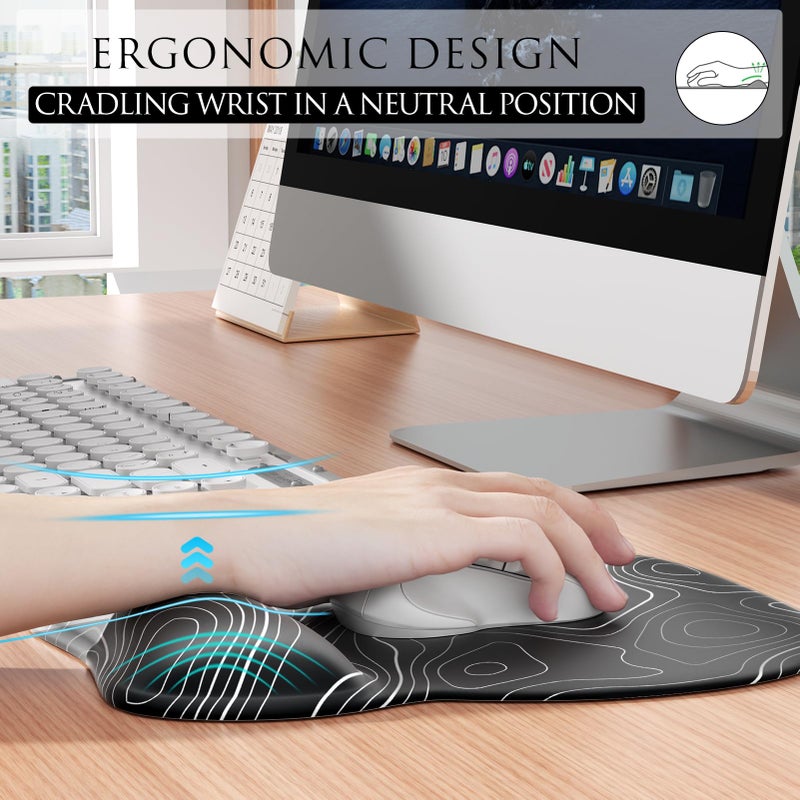 MROCO Ergonomic Mouse Pad with Gel Wrist Rest, Smooth Wrist Support Surface, Non-Slip PU Base for Pain Relief, Comfortable Mousepad for Computer, Laptop, Office & Home, 9.4 x 8.1 in, Black Topographic - Image 4