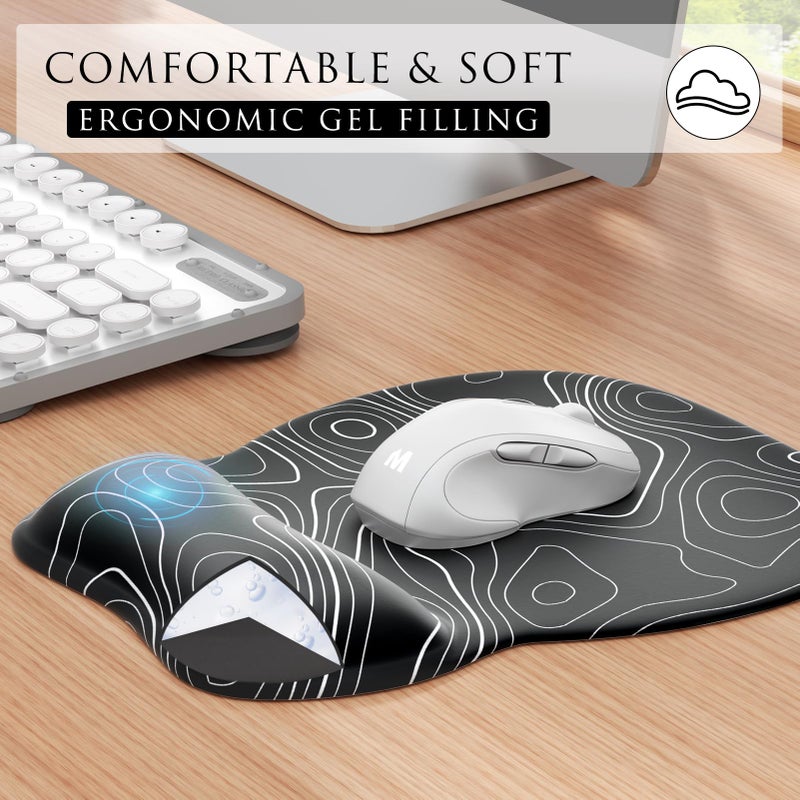 MROCO Ergonomic Mouse Pad with Gel Wrist Rest, Smooth Wrist Support Surface, Non-Slip PU Base for Pain Relief, Comfortable Mousepad for Computer, Laptop, Office & Home, 9.4 x 8.1 in, Black Topographic - Image 3