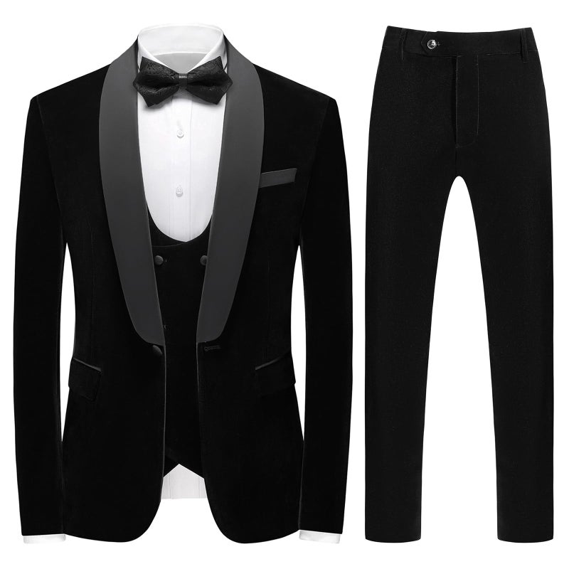 Mens Velvet 3 Piece Tuxedo Suits Slim Fit Shawl Collar One Button Dinner Prom Jacket Vest Pants Suit Set Black