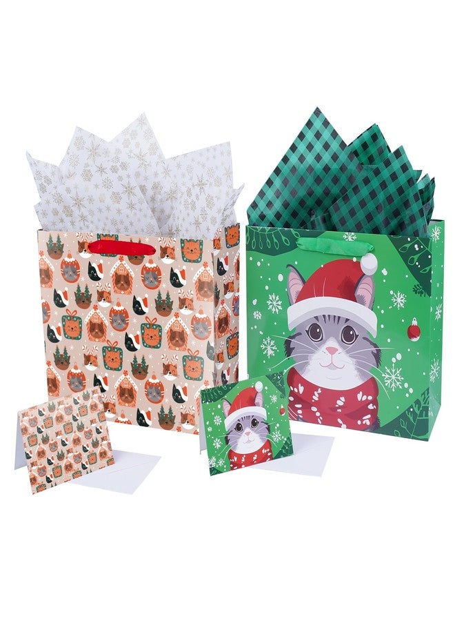 Linelglobal Christmas Gift Bag with Wrapping Tissue Cat Xmas Holiday 2 Pack 12.6" - Image 1